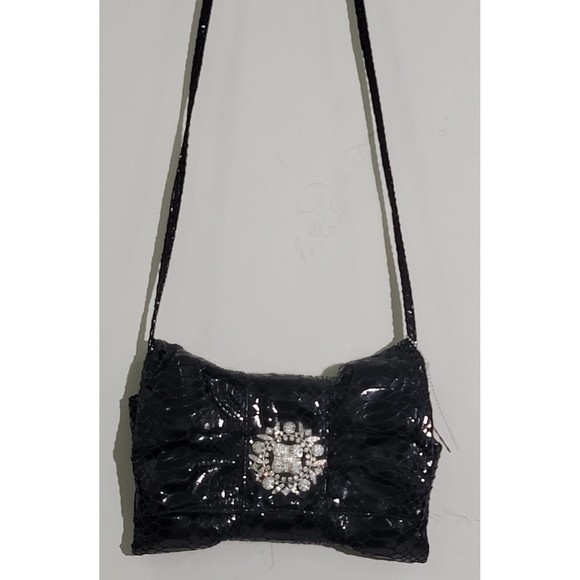 Iman Global Chic Bow Black Snakeskin Evening Clutch Huge Rhinestone - Picture 3 of 12